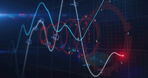 Holographic analytics dashboard displaying neon line charts, nodes and red data rings