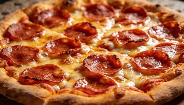 Pepperoni pizza with bubbling mozzarella, crispy crust and charred pepperoni slices