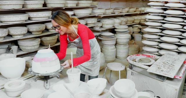 Female Potter Creating Ceramic Piece in Workshop Surrounded by Finished Products - Download Free Stock Images Pikwizard.com