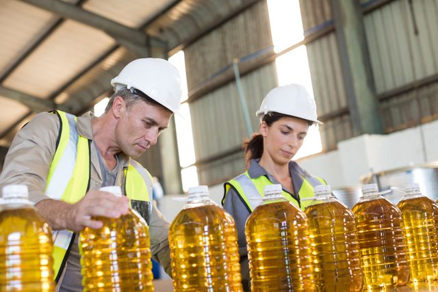 This image depicts factory workers inspecting oil bottles on a production line, emphasizing quality control and teamwork in an industrial setting. Ideal for use in articles or advertisements related to manufacturing, quality assurance, food industry, and workplace safety.