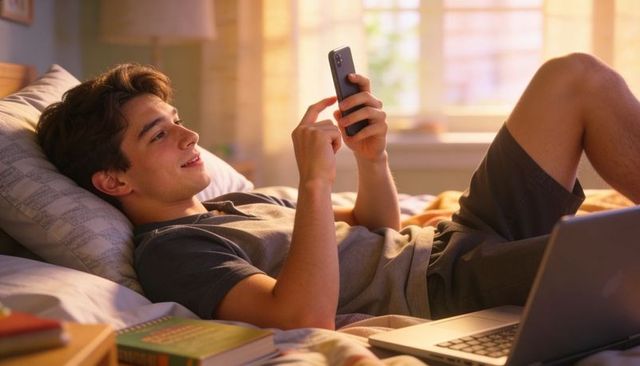 Young man lounging on sunlit bed texting smartphone with laptop and textbooks