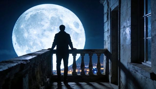 Silhouette man standing on weathered balcony gazing at giant full moon over city nightscape
