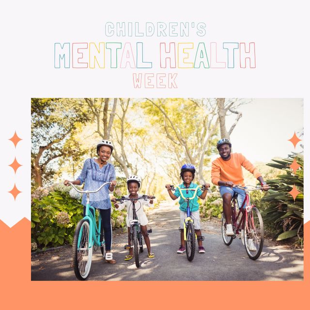 Family riding bicycles in park. Promotes healthy lifestyle during Children's Mental Health Week. Good for articles on mental health awareness, parenting tips, outdoor activities, family bonding time, and promoting physical exercise.