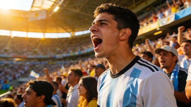 Young fan cheering in argentina jersey in packed stadium during golden hour celebration