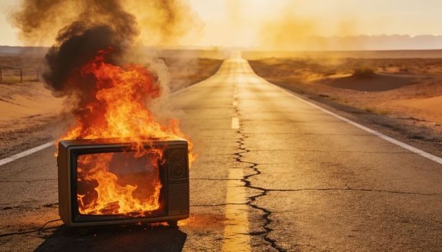 Vintage crt television burning on desert highway at sunset sending thick black smoke