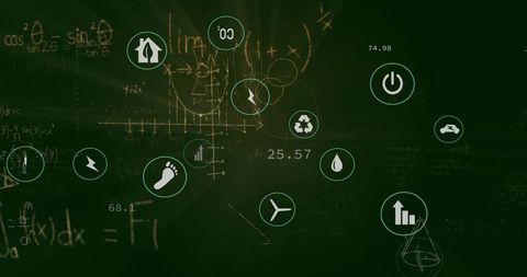 Sustainable energy classroom interface with green icons overlaying chalkboard equations