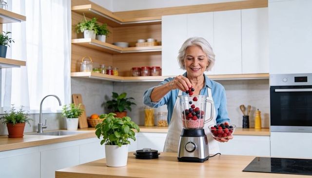 Senior woman blending berry smoothie on bright modern kitchen island with minimalist decor