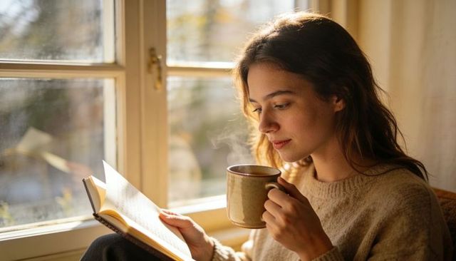 Young woman reading novel at sunlit window holding steaming mug in cozy knit sweater