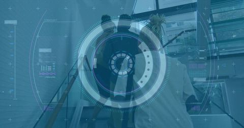 Ar interface guiding coworkers in modernist stairwell