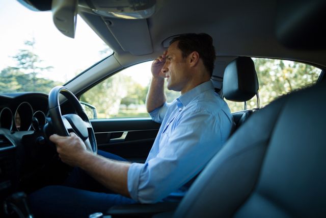 Man driving car during the day, appearing stressed and tense. Useful for illustrating concepts related to commuting, stress, road safety, and transportation. Ideal for articles, advertisements, and educational materials on driving, mental health, and urban living.