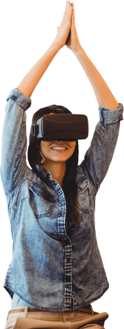 Woman Wearing VR Headset Over Jean Jacket Having Fun with Tech - Download Free Stock Videos Pikwizard.com