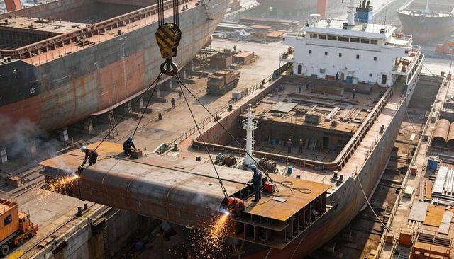Shipyard workers welding and lowering massive steel deck with crane hook, gantry and sparks