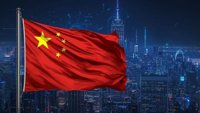 Chinese Flag Illuminated Over Futuristic Nighttime City