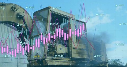 Rusted mobile crusher showing overlaid data charts for industrial equipment analytics