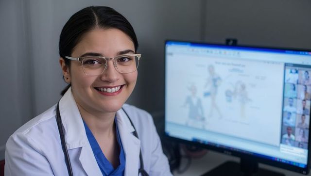 Female doctor smiling during telehealth consultation with monitor webcam and stethoscope