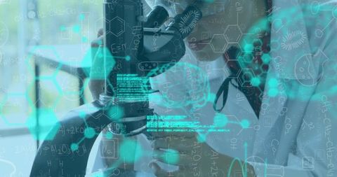 Lab Scientist Examining Microscope with Data Overlay - Download Free Stock Images Pikwizard.com