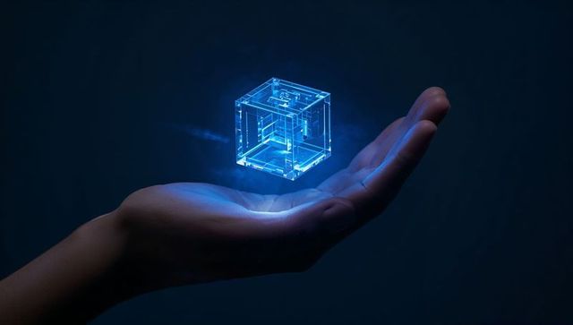 Hand presenting floating holographic blue wireframe cube glowing above palm, futuristic