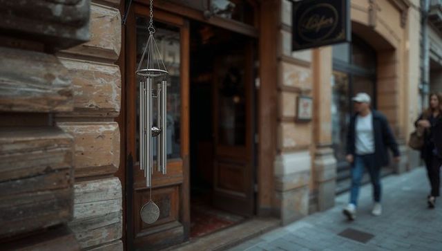 Hanging metal wind chime at wooden storefront while pedestrians strolling city sidewalk