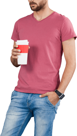 Transparent Background of Man Holding Disposable Cup in Casual Outfit