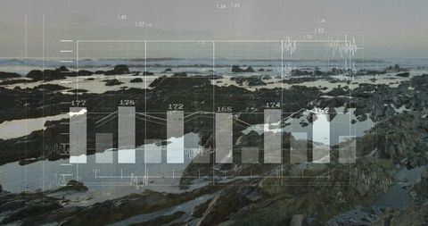 Coastal rock formations with digital data overlay