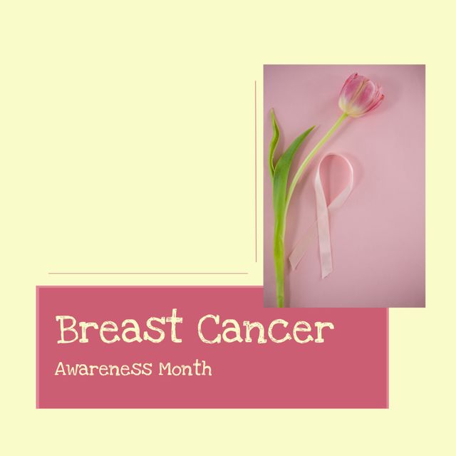 Image of breast cancer awareness month over yellow background and photo with pink tulip and ribbon. Health, medicine and cancer awareness concept.
