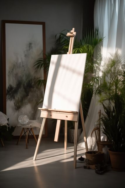 Blank canvas on easel in sunny room with plants, created using generative ai technology. Art, possibility, inspiration and creativity, copy space concept digitally generated image.
