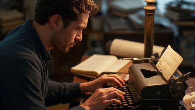 Writer composing novel on vintage typewriter in warm study surrounded by books