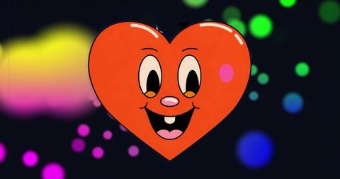 Smiling cartoon heart character floating amid neon bokeh lights, playful colorful vector