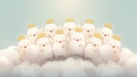 Chibi Angel Choir Singing and Floating on Cloud with Glowing Golden Halos