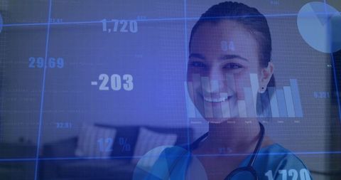 Smiling South Asian Doctor with Data Visualization Elements Overlay