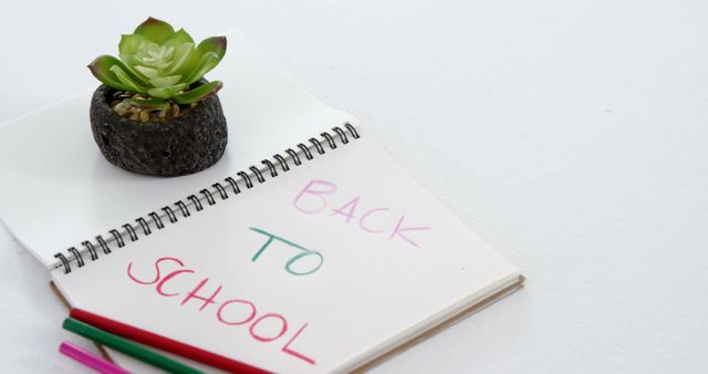 A notebook with Back to School written on it lies next to colored pencils and a small potted plant, with copy space. It signifies the start of a new academic year and the preparation involved.