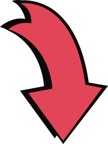 Red downward arrow with bold black outline on transparent background
