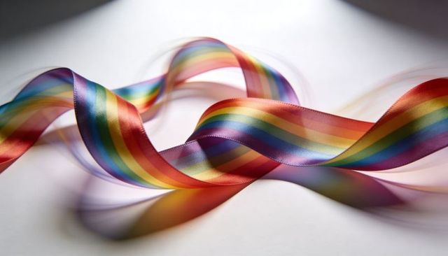 Curling satin rainbow ribbon with motion blur, glossy highlights and iridescent stripes