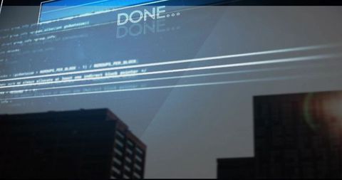 Projecting futuristic hud overlay on urban skyline at dusk with code lines and lens flare