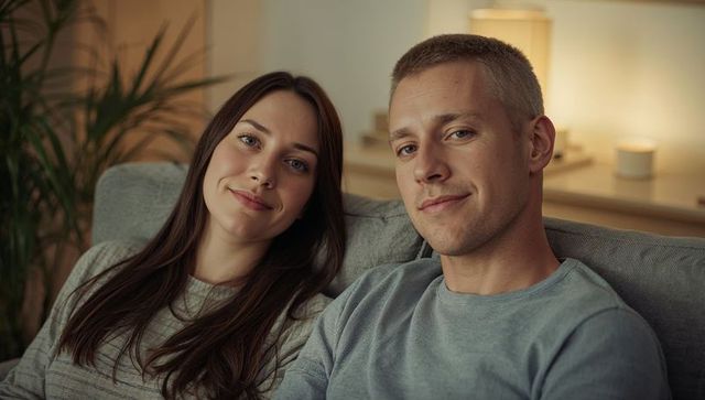 Couple relaxing on gray sofa under warm lamp glow cozy at-home evening lifestyle portrait