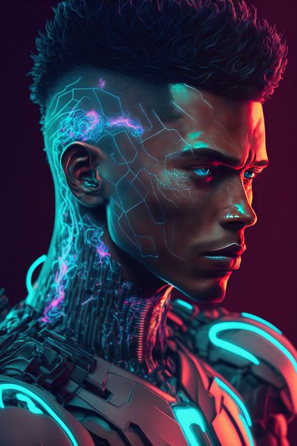 Portrait of african american man with cyber adjustment, created using generative ai technology. Cyber, prosthetics and future concept, digitally generated image.