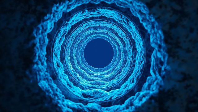 Glowing electric-blue spiral tunnel featuring braided rings and neon luminescence