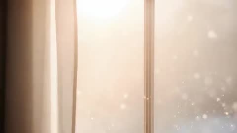 Sheer curtain drifting across backlit window while sunlight glowing through falling snow