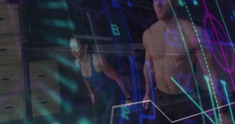 Training partners pausing during intense workout with neon data overlay and analytics graphics