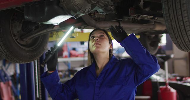 Female mechanic using a led lamp and working under a car at a car service station. automobile repair service