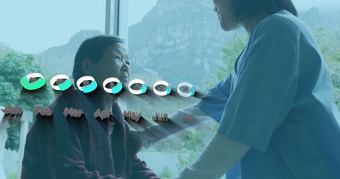 Asian Doctor Caring for Patient with Data Visualization Overlay