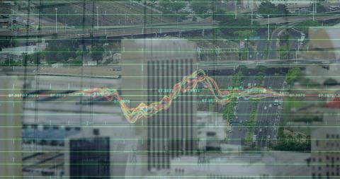 Financial Graphs Overlay Cityscape Illustrating Economic Trends