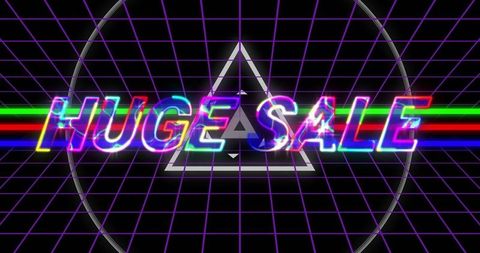 Neon glitch 'huge sale' text over retro purple grid