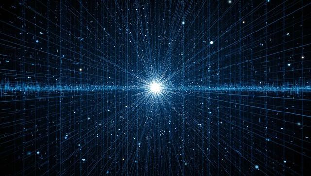 Cyan data starburst radiating digital beams through cyber grid tunnel for tech visuals