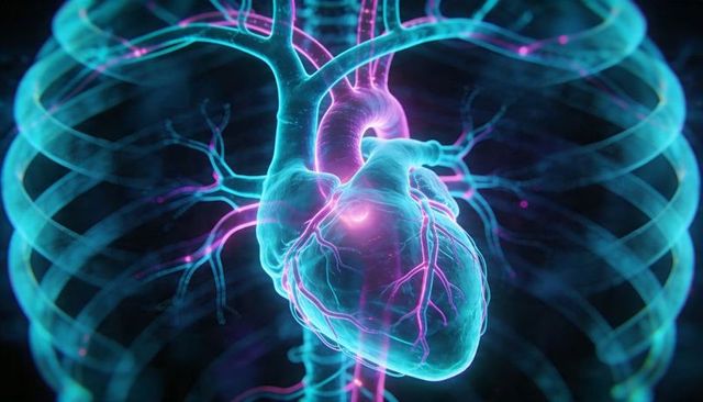 Glowing heart pulsing inside transparent rib cage with highlighted coronary vessels and aorta
