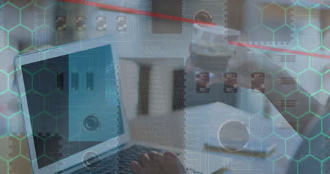 Digital Interface Animation on Laptop Screen with Data Processing