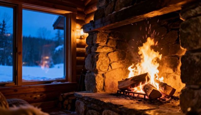Cozy rustic stone fireplace glowing in winter cabin with roaring fire and snowy view