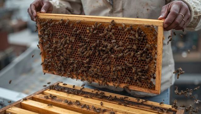 Urban beekeeper lifting honeycomb frame over rooftop hive with busy bees