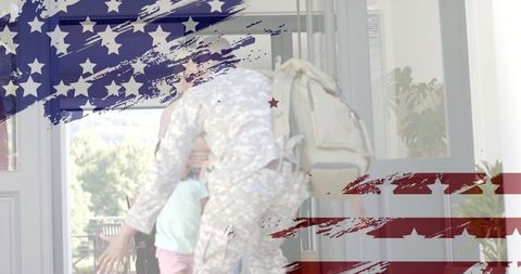 Soldier Hugging Girl at Home Welcome with American Flag Overlay
