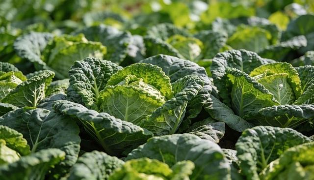 Sunlit Savoy Cabbage Growing with Crinkled Green Leaves Closeup Organic Farm Fresh